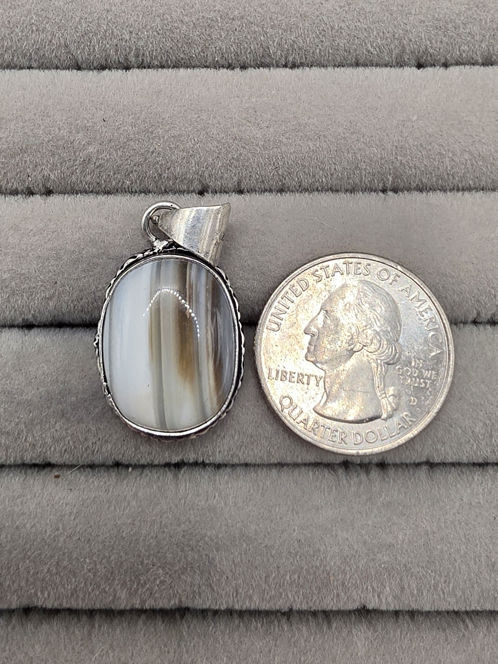 Silver Plated Brown and White Banded Agate Oval Pendant